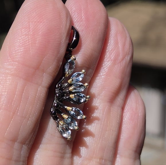 Blue Topaz Marquise Cut Sterling Rhodium & Gold Angel Wing Pendant - Picture 6 of 8